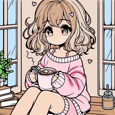 cute anime girl reading book and drinking hot chocolate from mug with loose wavy hair wearing a baggy sweatshirt and shorts sitting by windowsill looking out