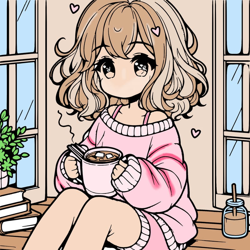 cute anime girl reading book and drinking hot chocolate from mug with loose wavy hair wearing a baggy sweatshirt and shorts sitting by windowsill looking out