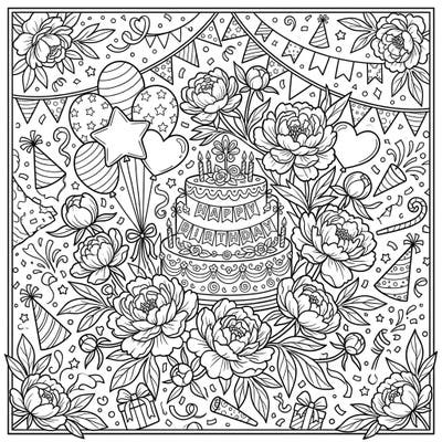 Bring joy to any birthday with this exquisite coloring page featuring lush wild peonies intertwined with festive celebration elements. Discover a delightful scene complete with a grand cake, balloons, and confetti, ready for your creative touch.