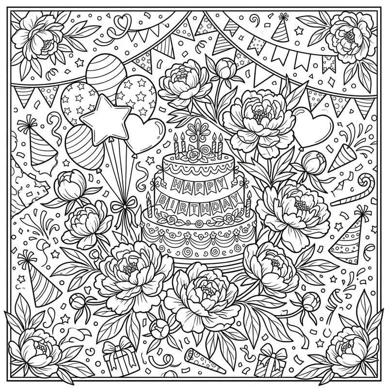 Bring joy to any birthday with this exquisite coloring page featuring lush wild peonies intertwined with festive celebration elements. Discover a delightful scene complete with a grand cake, balloons, and confetti, ready for your creative touch.