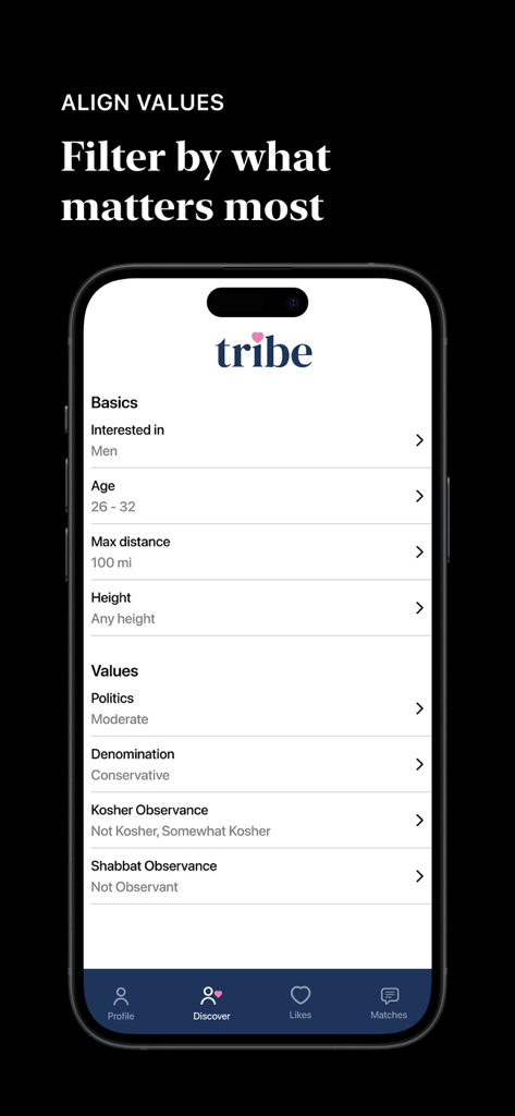 Tribe - Jewish Dating App - Interfaz de la aplicación de citas Tribe mostrando filtros para observancia religiosa, denominación y estándares kosher.