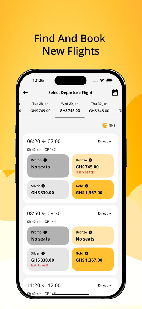 PassionAir - PassionAir app interface displaying domestic flight options and ticket prices in Ghana