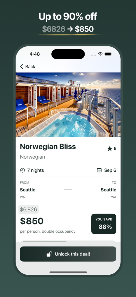 CruiseSlash - CruiseSlash mobile app showing an eighty-eight percent discount on a luxury Norwegian Bliss cruise deal