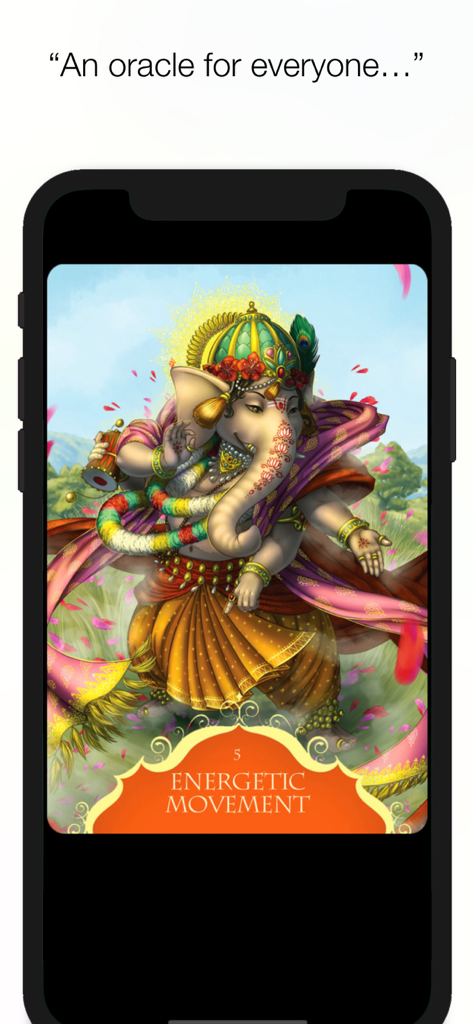 Whispers of Lord Ganesha - Smartphone screen displaying the Energetic Movement card from the Whispers of Lord Ganesha oracle app