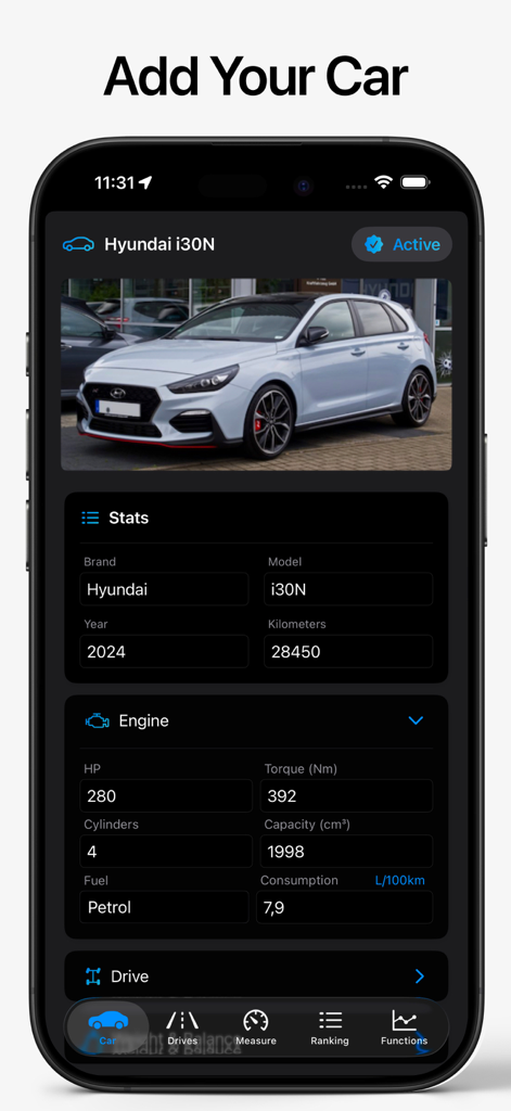 SpeedGPS - Drive & Measure - Interface do aplicativo SpeedGPS exibindo estatísticas do veículo e especificações do motor para um Hyundai i30N.
