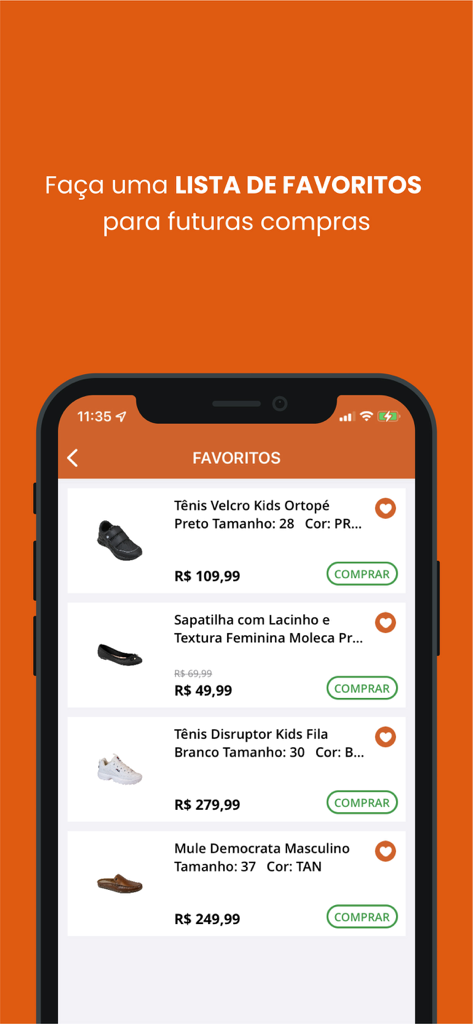 Sapataria Nova app screen showing a favorites list of shoes for the whole family