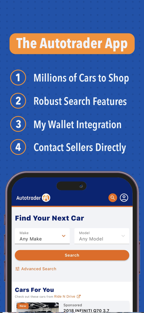 Autotrader – Shop All the Cars - L'interface de l'application Autotrader présente des filtres de recherche de véhicules et une liste de fonctionnalités clés, notamment des millions de voitures et la possibilité de contacter directement les vendeurs.