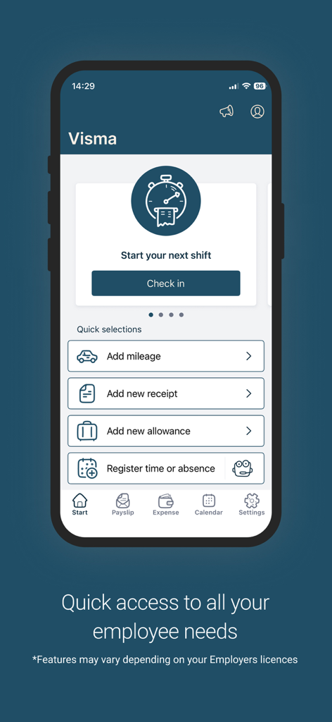 Tela inicial do aplicativo Visma Employee mostrando opções para registrar ponto, adicionar quilometragem e registrar despesas.