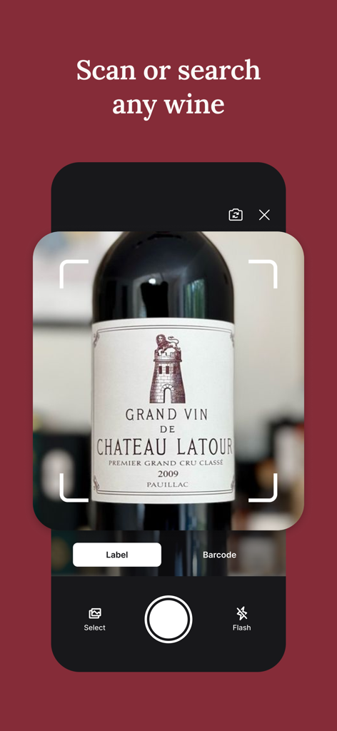 Smartphone screen scanning a luxury wine bottle label using the CellarTracker app