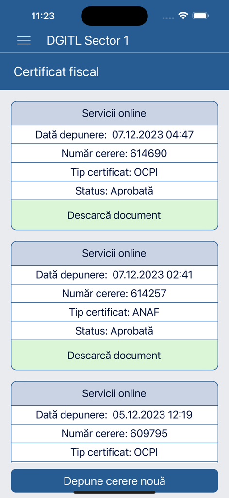 Stato delle richieste di certificati fiscali e opzioni di download nell'app mobile DGITL Settore 1