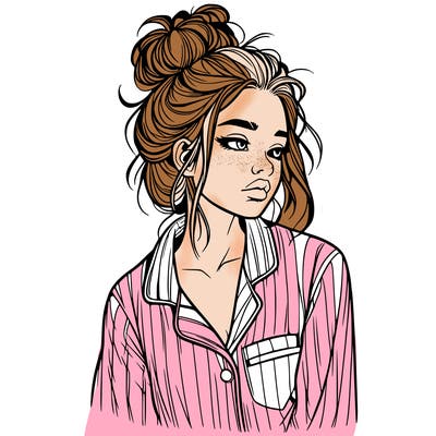 realistic woman with pajamas on and a messy bun