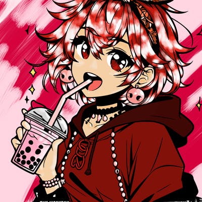 hot baddie anime girl drinking boba and biting the straw