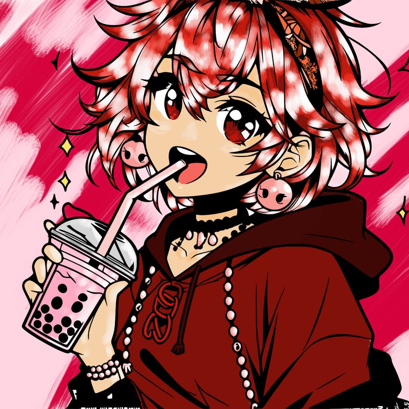 hot baddie anime girl drinking boba and biting the straw