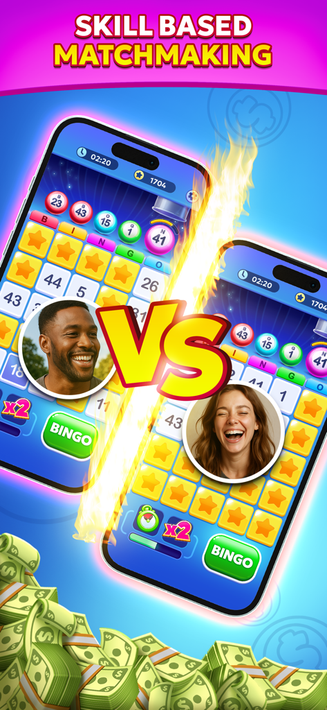 Bingo Billions mobile app screenshot showing skill based matchmaking between two players with cash prize visuals