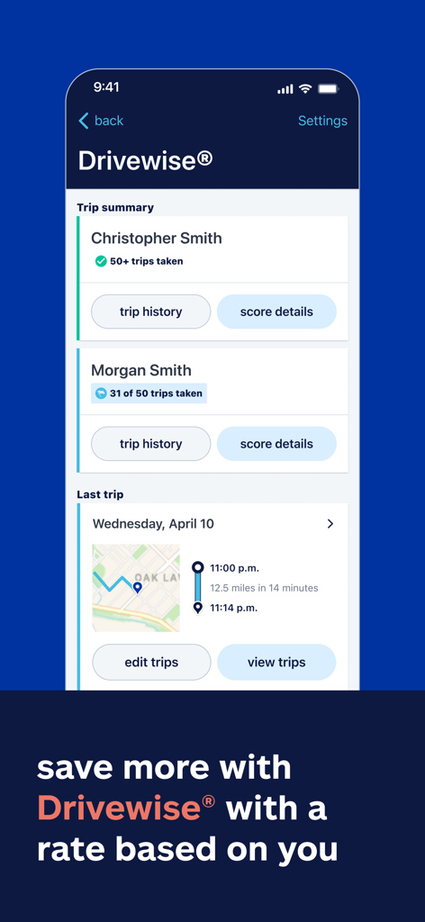 Allstate® Mobile - Allstate Mobile app screen showing the Drivewise trip summary and driving data used for safe driving rewards