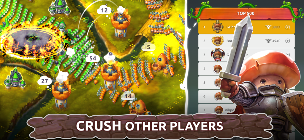 A split screen showing real time strategy gameplay and a top 500 player leaderboard in Mushroom Wars 2
