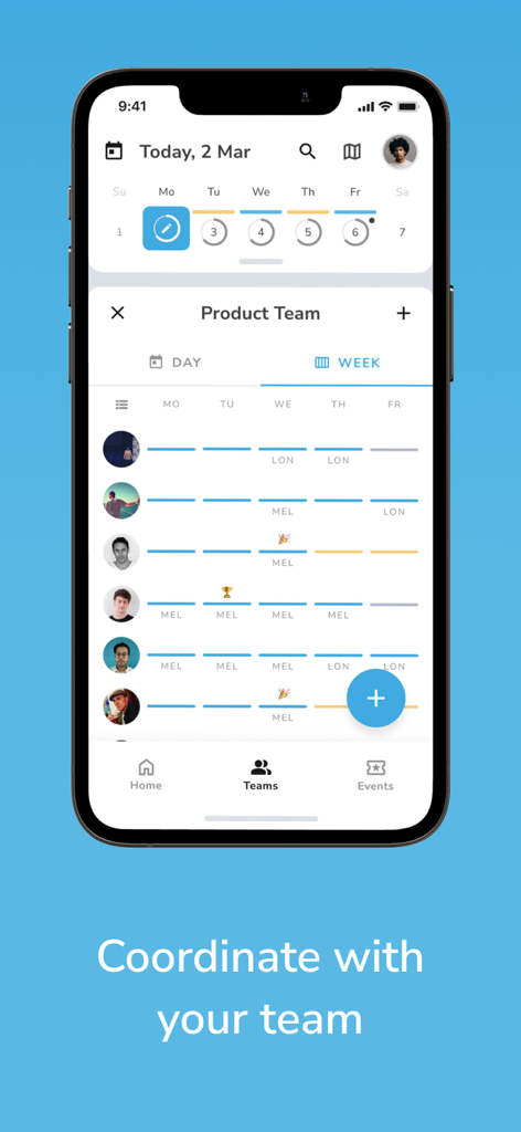 Calven - Pantalla de la aplicación móvil Calven que muestra horarios semanales del equipo y ubicaciones de la oficina para la coordinación del trabajo híbrido