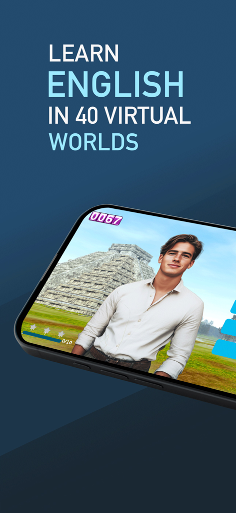 FluentWorlds-Spanish & English - A smartphone displaying the FluentWorlds app with a 3D simulation of a virtual world for learning English.