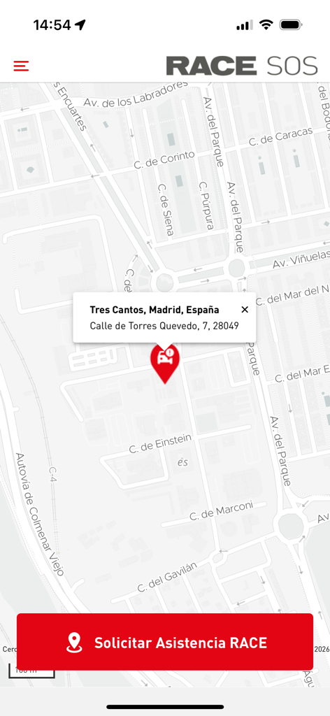 RACE SOS Asistencia - Interface cartographique de l'application RACE SOS avec une épingle de localisation à Madrid et un bouton pour demander une assistance routière