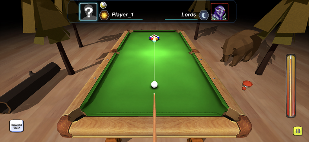 8 Ball King 9 Ball Pool Games - Una mesa de billar 3D en un entorno forestal con un oso de baja poligonización y árboles