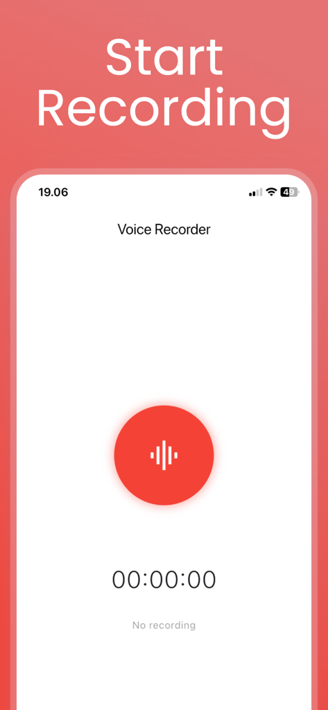 Voice Reverser & Recorder - Una pantalla de smartphone que muestra la interfaz de inicio de grabación de la aplicación Voice Reverser and Recorder con un gran botón rojo.