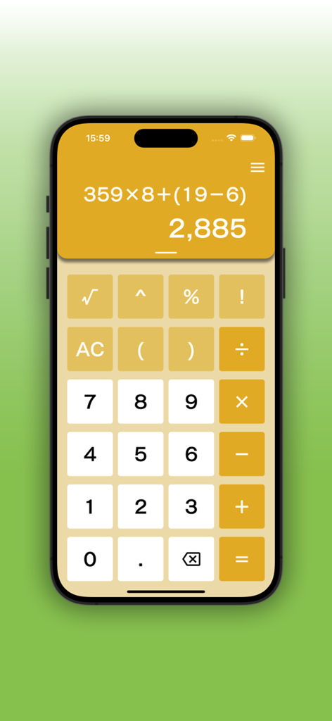 Simple Calculator for iOS - Calculadora Simple para iOS con una interfaz minimalista limpia en dorado y blanco en un iPhone