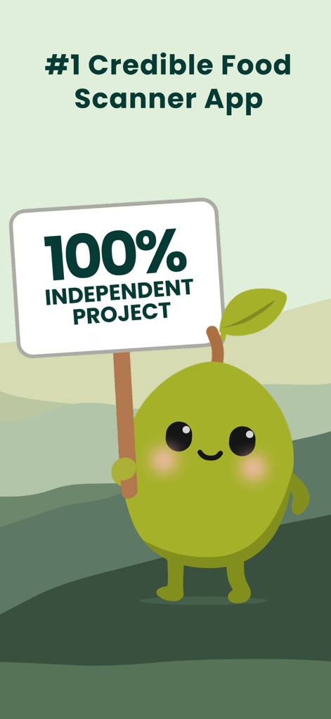 Olive - Holistic Food Scanner - A cute green olive mascot holding a sign that says 100 percent independent project under the text number 1 credible food scanner app