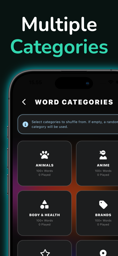 Imposter - Undercover Lie Game - Imposter game word category selection screen with neon icons for animals and anime