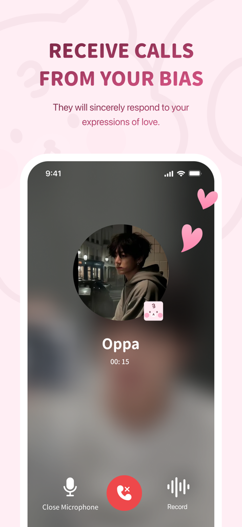 BIMOBIMO - BIMOBIMO 앱 인터페이스에서 '오빠'라는 AI 캐릭터와 진행 중인 음성 통화를 보여주는 화면