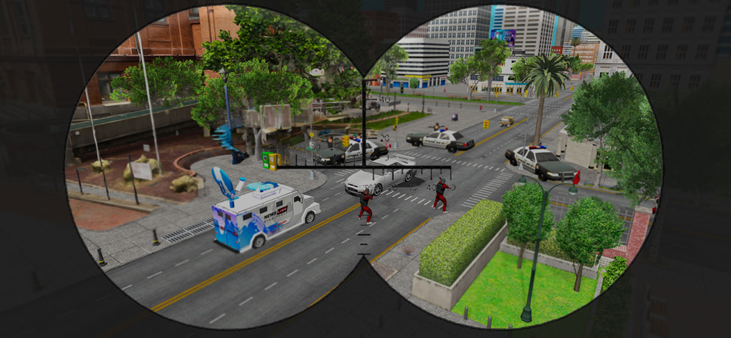 Sniper Shooting 3D Game - Vista de mira de francotirador en primera persona apuntando a criminales en una calle de la ciudad