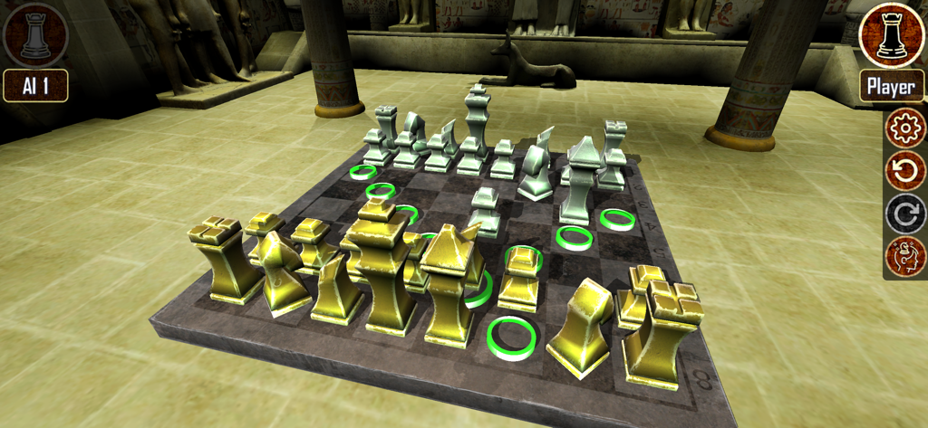 Warrior Chess - Warrior Chess gameplay featuring a 3D board and pieces in an Egyptian temple setting with green move highlights