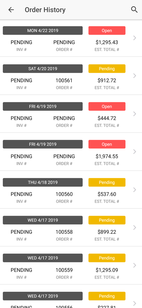 Viking Food Bermuda - Order history screen of the Viking Food Bermuda app showing a list of wholesale orders with status and totals.
