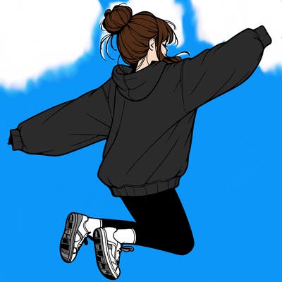realistic girl jumping with a bun and oversized sweatshirt