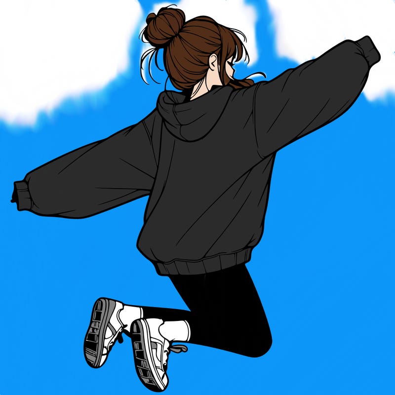 realistic girl jumping with a bun and oversized sweatshirt