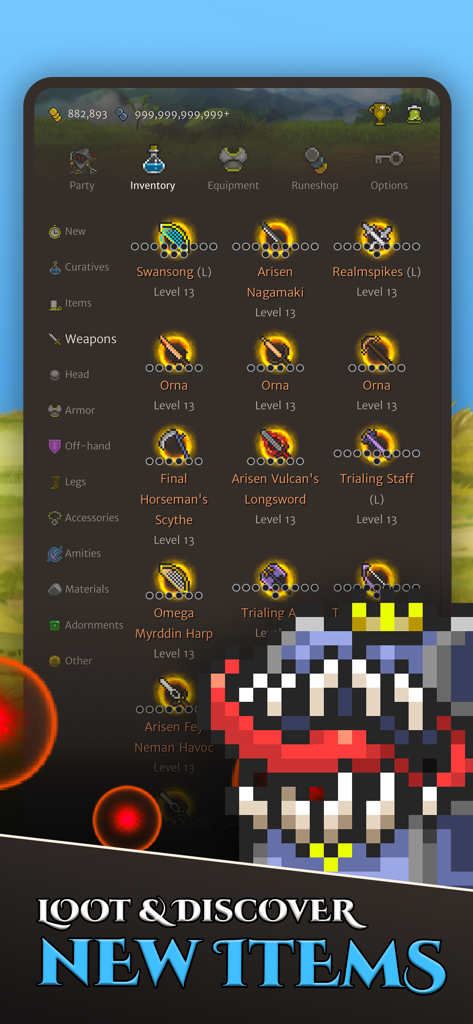 Pantalla de inventario del juego de Hero of Aethric que muestra varias armas y objetos de botín de fantasía de 8 bits