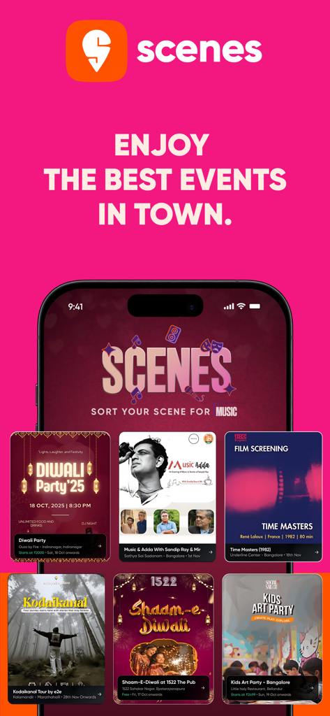 Swiggy app interface showing the Scenes feature for booking local events like concerts parties and tours