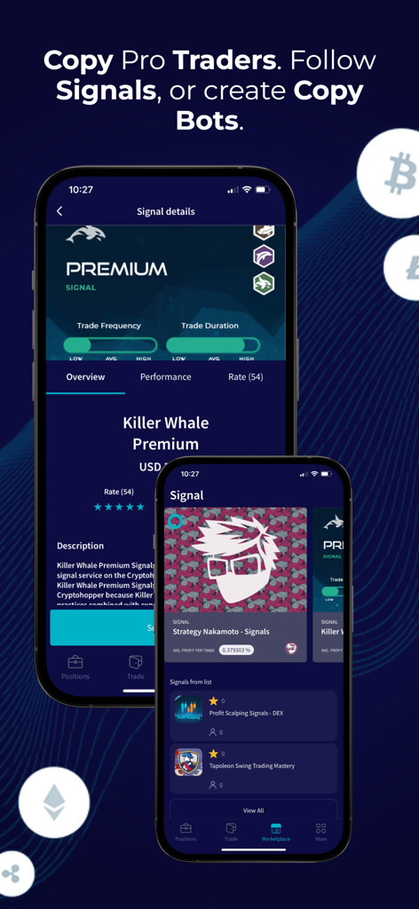 Cryptohopper - Crypto Trading - Cryptohopper app interface showing options to copy pro traders and follow market signals