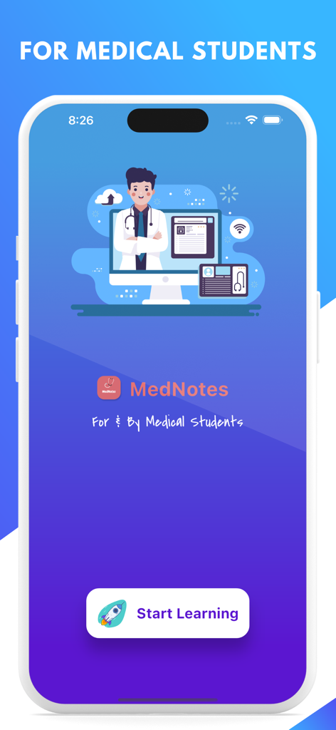 MedNotes -For Medical Students - MedNotes app welcome screen for medical students with start learning button