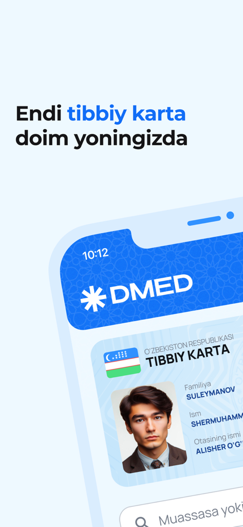 Screenshot of the DMED app showing a digital medical card for the Republic of Uzbekistan