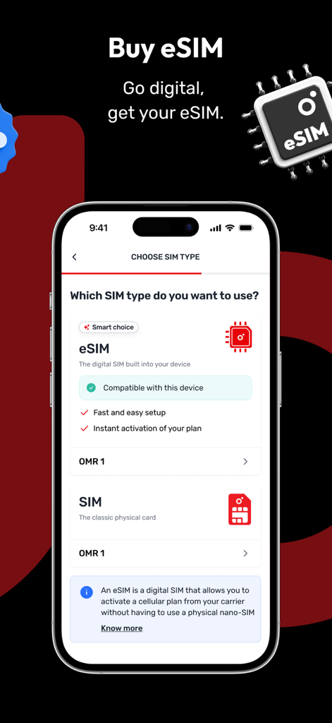 Ooredoo Oman - Ooredoo Oman App-Oberfläche zum Kauf einer digitalen eSIM oder einer physischen SIM-Karte