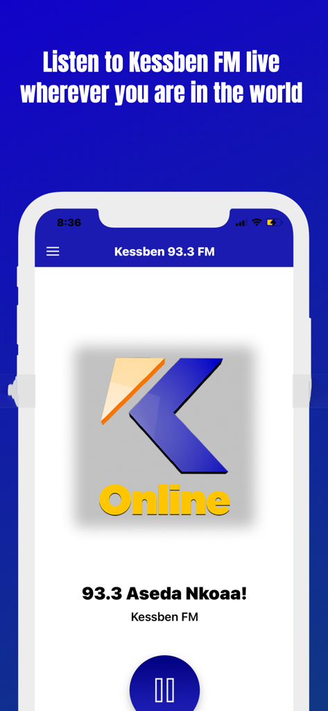 Mobile interface of Kessben Online app showing the live radio player for Kessben 93.3 FM