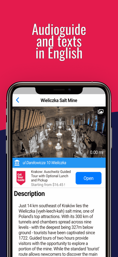 KRAKOW Guide Tickets & Hotels - Smartphone screen showing a description of the Wieliczka Salt Mine and English audioguide features in the Krakow travel app.