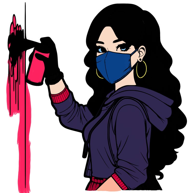 realistic girl with mask spray painting a wall