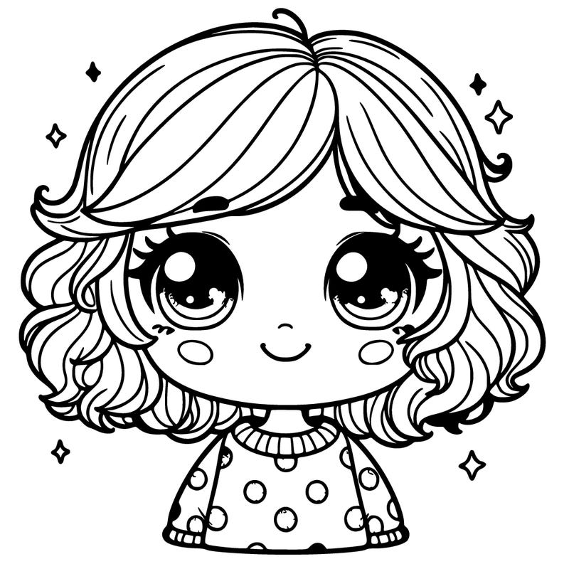 little girl with short wavy chin-length hair with a polka dot sweater and very big sparkling bright eyes