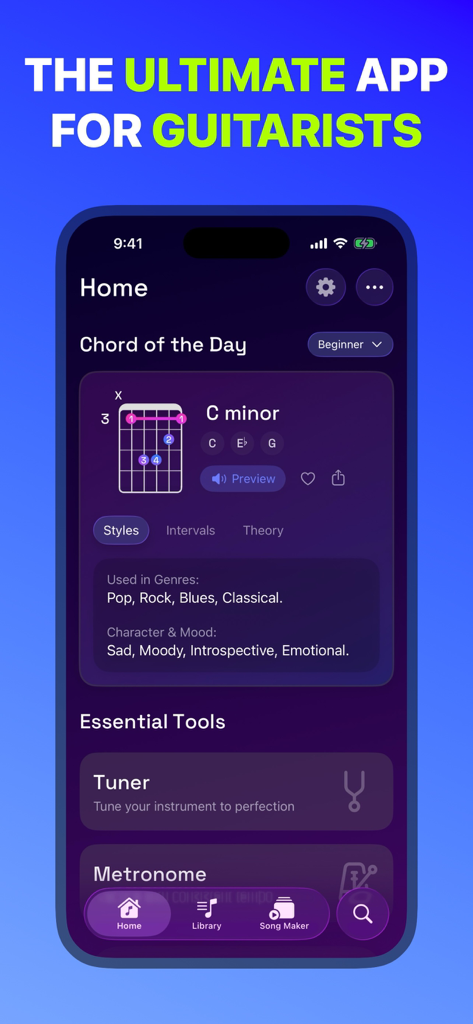 Guitar Wiz: Guitarist Toolkit - Guitar Wiz app interface showing Chord of the Day C minor and essential guitar tools