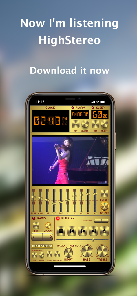Aplicación de reproductor de música HighStereo con una interfaz audiófila dorada vintage que cuenta con un ecualizador y perillas manuales en un iPhone