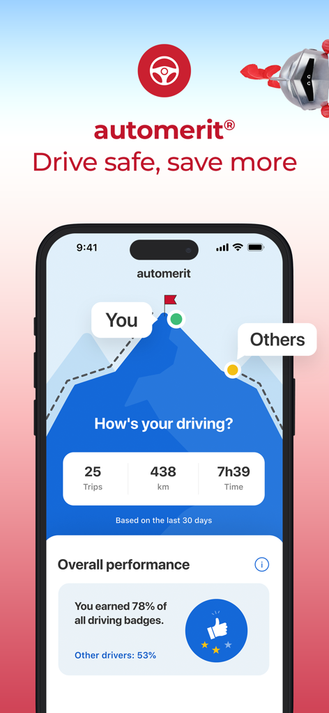 The belairdirect app automerit screen displaying safe driving statistics trips and performance comparison for insurance savings
