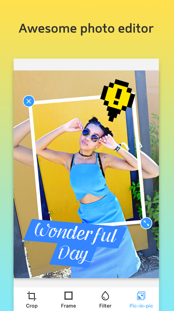 Picture Collage – Add Text to Pics & Photo Editor - Interfaccia di un'app di fotoritocco che mostra un'immagine incorniciata con un banner di testo Wonderful Day e un adesivo