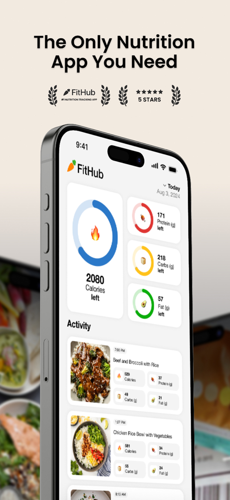 FitHub - AI Calorie Tracker - FitHub AI calorie tracker dashboard showing daily calories and macro goals with food logging history