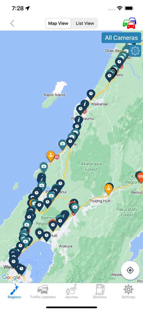 New Zealand traffic cameras and road alerts map interface